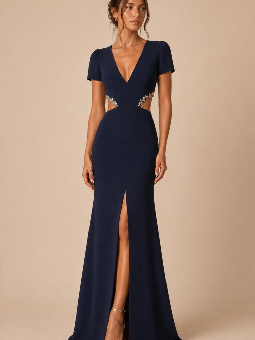 Lovers + Friends Navy Evening Gown with Cut-out Embellishments